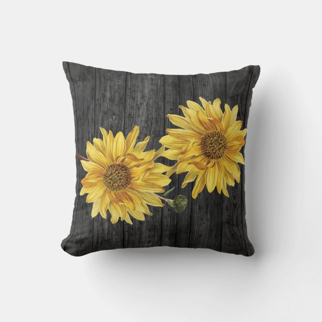 Chic Black Wood Grain and Sunflower Pillow (Front)