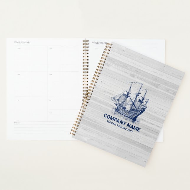 Chic Bleached Wood & Navy-Blue Wind Sailing Boat Planner (Display)