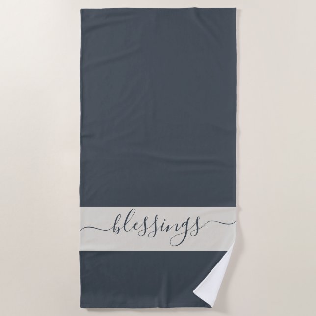 Chic Blessings Dark Blue and Cream Beach Towel (Front)
