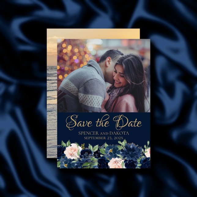 Chic Bloom | Dark Navy Blue and Blush Pink 2 Photo Save The Date (Creator Uploaded)