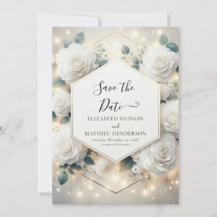 Chic Bloom White Roses Wedding Save The Date
