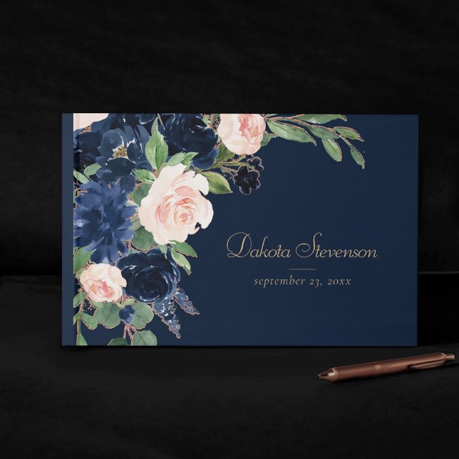 Chic Blooms | Dark Navy Blue and Blush Pink Floral Guest Book (Creator Uploaded)