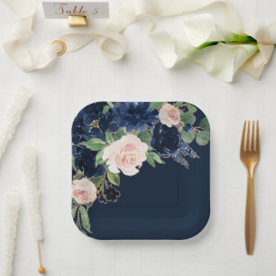 Chic Blooms   Dark Navy Blue and Blush Pink Floral Paper Plate