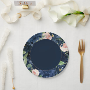 Chic Blooms Dark Navy Blue and Blush Pink Floral Paper Plate