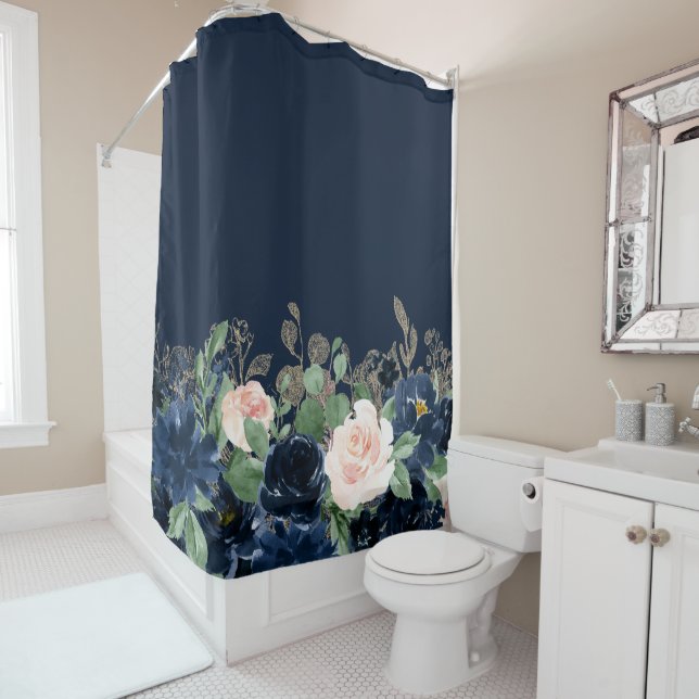 Chic Blooms | Dark Navy Blue and Blush Pink Rose Shower Curtain (In Situ)