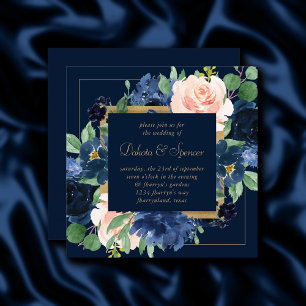 Chic Blooms   Dark Navy Blue and Blush Wreath Invitation