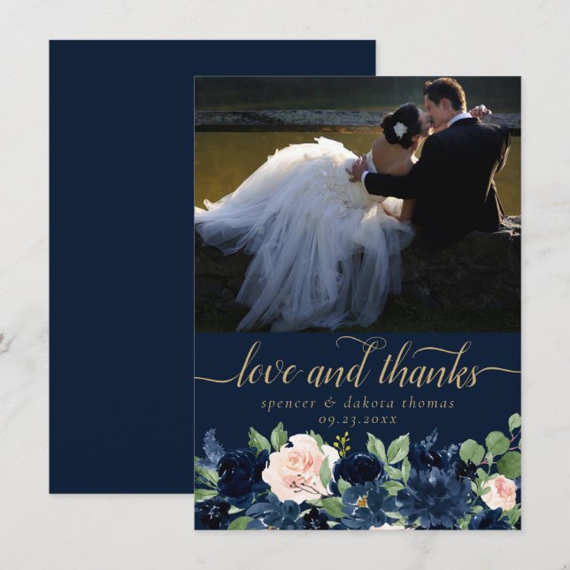 Chic Blooms | Dark Navy Blush Pink Photo Love and Thank You Card (Front/Back)