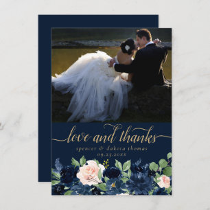 Chic Blooms   Dark Navy Blush Pink Photo Love and Thank You Card