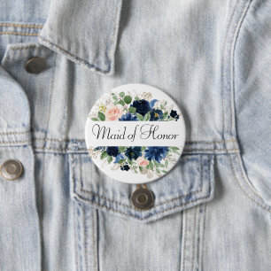 Chic Blooms   Navy Blue and Blush Bridal Party 7.5 Cm Round Badge