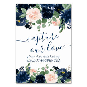 Chic Blooms Navy Blue and Blush Capture Our Love Table Number