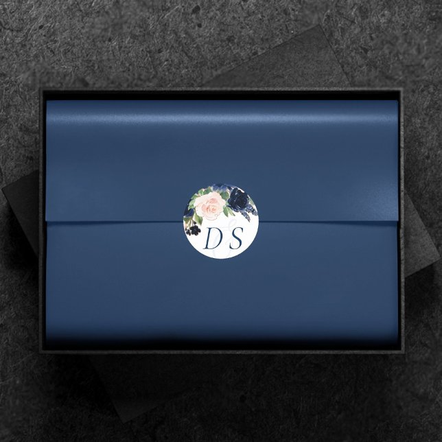 Chic Blooms | Navy Blue and Blush Change of Date Classic Round Sticker (Creator Uploaded)