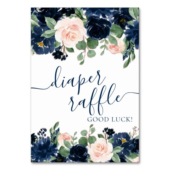 Chic Blooms | Navy Blue and Blush Diaper Raffle Table Number (Front)