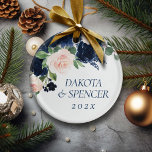 Chic Blooms | Navy Blue and Blush Floral Monogram Ceramic Tree Decoration<br><div class="desc">Romantic navy blue and blush pink hand-painted watercolor floral embellished by botanical laurel and dark blue accents. From the "Boho Bloom" collection, this gorgeous layout presents your details in a stylish hand-lettered script and a rich Bohemian wildflower bouquet with radiant flower blooms and eucalyptus greenery foliage. For other colors or...</div>