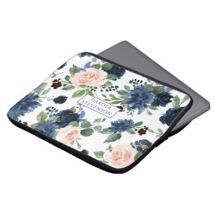 Chic Blooms Navy Blue and Blush Floral Monogram Laptop Sleeve