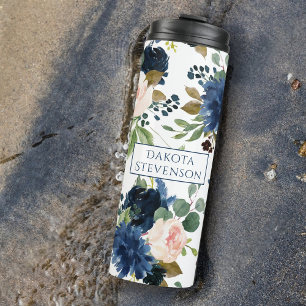 Chic Blooms   Navy Blue and Blush Floral Monogram Thermal Tumbler