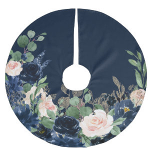 Chic Blooms   Navy Blue and Blush Floral Pattern Brushed Polyester Tree Skirt