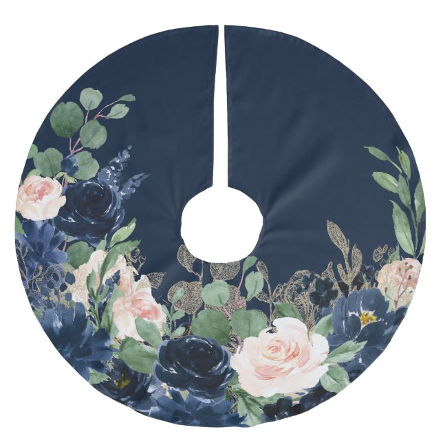 Chic Blooms | Navy Blue and Blush Floral Pattern Brushed Polyester Tree Skirt (Front)