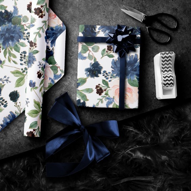 Chic Blooms | Navy Blue and Blush Floral Pattern Wrapping Paper (Creator Uploaded)