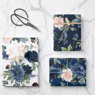 Chic Blooms   Navy Blue and Blush Floral Pattern Wrapping Paper Sheet