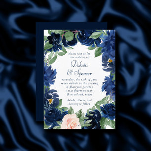 Chic Blooms   Navy Blue and Blush Floral Wedding Invitation