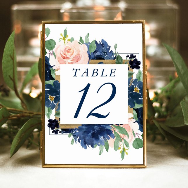 Chic Blooms | Navy Blue and Blush Floral Wreath Table Number (Creator Uploaded)