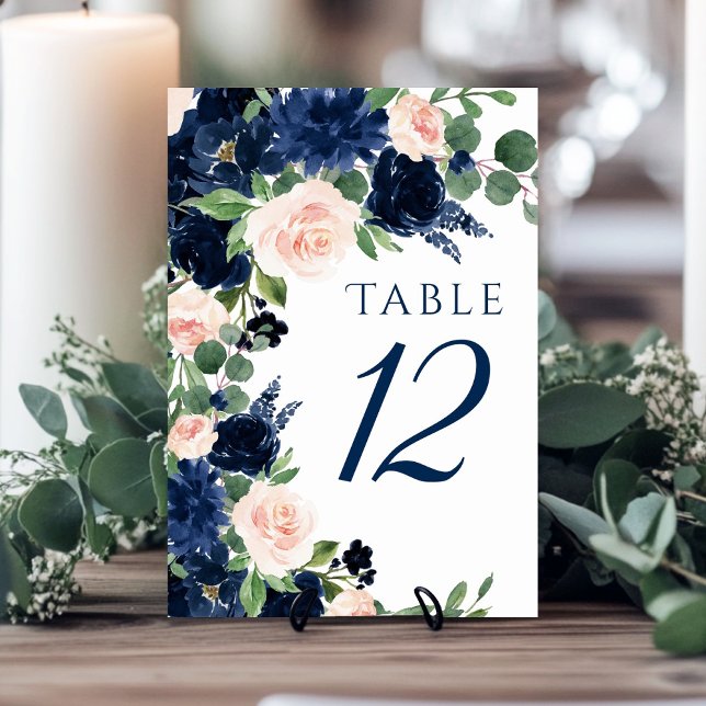 Chic Blooms | Navy Blue and Blush Floral Wreath Table Number (Creator Uploaded)