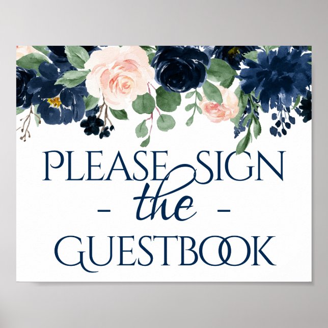 Chic Blooms | Navy Blue and Blush Guestbook Sign (Front)