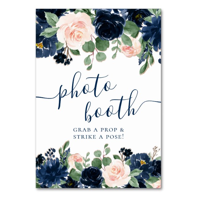 Chic Blooms | Navy Blue and Blush Photo Booth Table Number (Front)