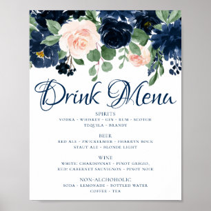 Chic Blooms Navy Blue and Blush Pink Drink Menu Poster