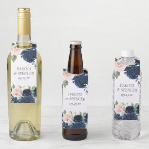 Chic Blooms Navy Blue and Blush Pink Floral Bottle Tag