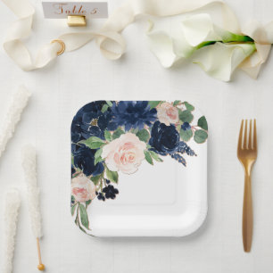 Chic Blooms Navy Blue and Blush Pink Floral Paper Plate