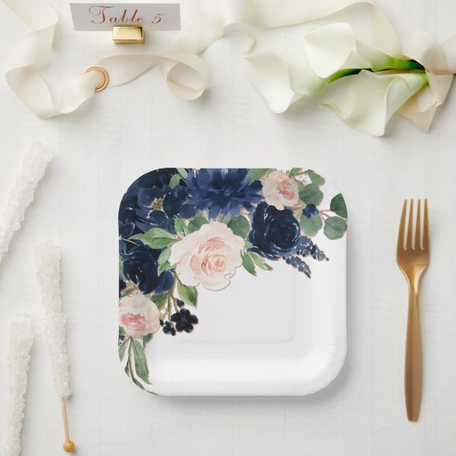 Chic Blooms | Navy Blue and Blush Pink Floral Paper Plate (Wedding)