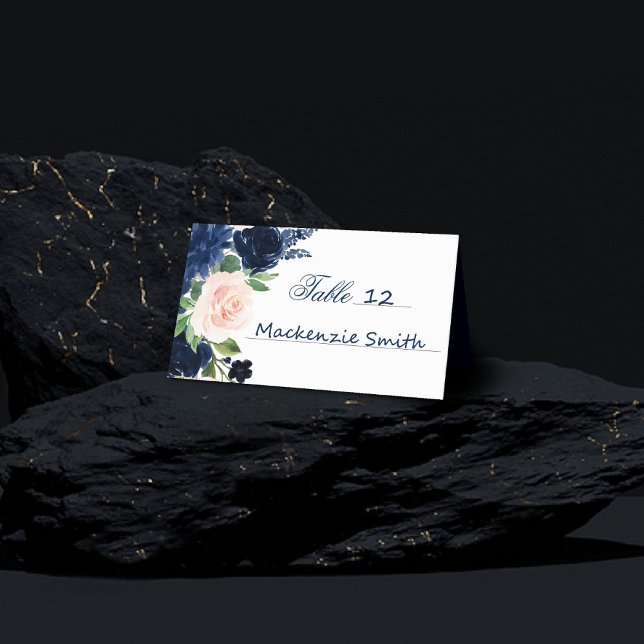 Chic Blooms | Navy Blue and Blush Pink Floral Place Card (Creator Uploaded)
