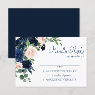 Chic Blooms Navy Blue and Blush Pink Floral RSVP Card