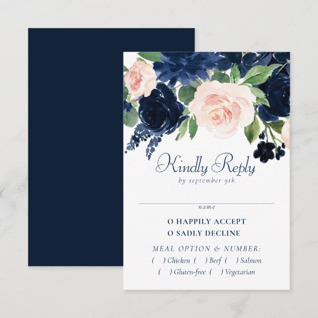 Chic Blooms | Navy Blue and Blush Pink Floral RSVP Card (Front/Back)