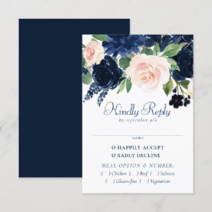 Chic Blooms   Navy Blue and Blush Pink Floral RSVP Card