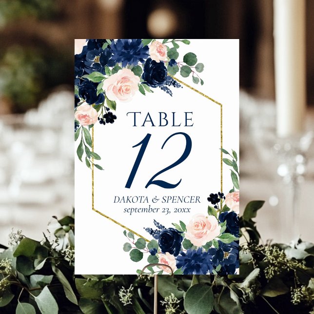 Chic Blooms | Navy Blue and Blush Pink Floral Table Number (Creator Uploaded)