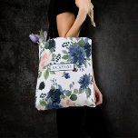 Chic Blooms | Navy Blue and Blush Pink Floral Tote Bag<br><div class="desc">Romantic hand-painted theme featuring a navy blue and blush pink watercolor floral bouquet embellished by botanical laurel and dark blue accents. From the "Boho Bloom" collection, this layout incorporates a rich Bohemian wildflower bouquet with radiant flower blooms and eucalyptus greenery foliage. For other colours, styles, or coordinating products, please visit...</div>