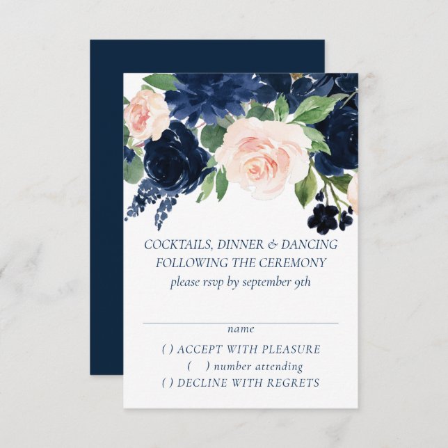 Chic Blooms | Navy Blue and Blush Pink Garland RSVP Card (Front/Back)
