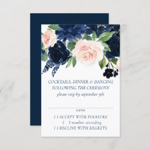 Chic Blooms   Navy Blue and Blush Pink Garland RSVP Card