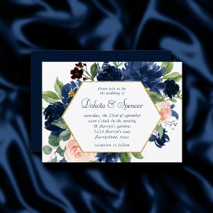 Chic Blooms Navy Blue and Blush Pink Gold Frame Invitation