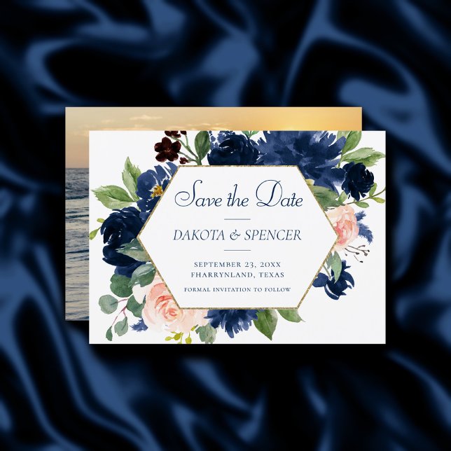 Chic Blooms | Navy Blue and Blush Pink Gold Frame Save The Date (Creator Uploaded)