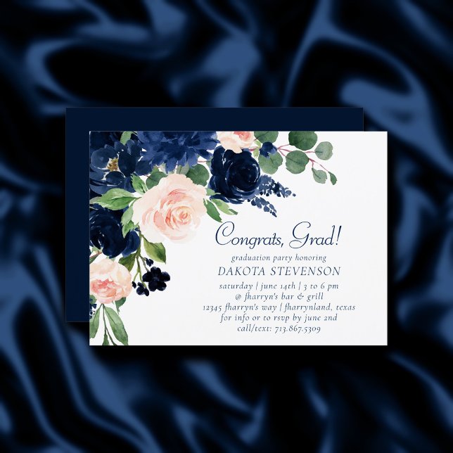Chic Blooms | Navy Blue and Blush Pink Graduation Invitation (Creator Uploaded)
