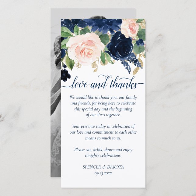 Chic Blooms | Navy Blue and Blush Pink Photo Love Thank You Card (Front/Back)