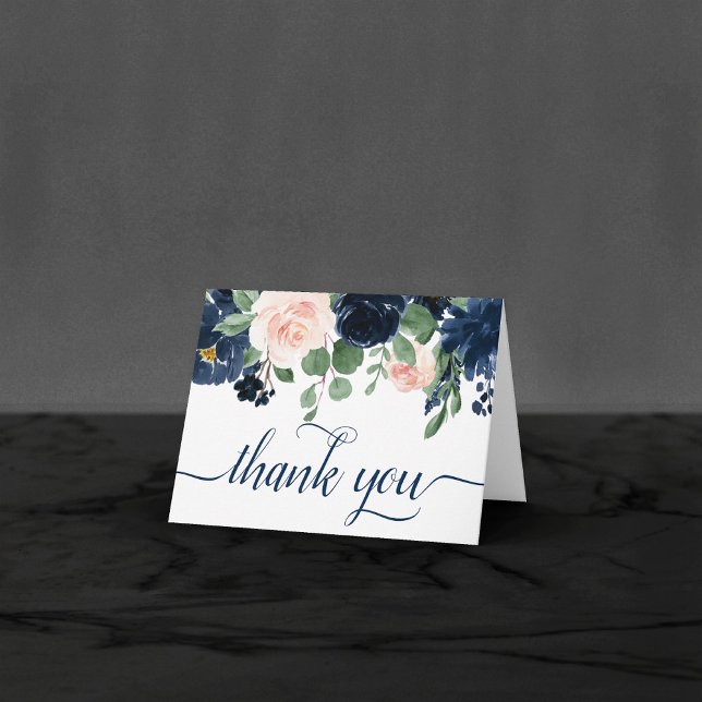 Chic Blooms | Navy Blue and Blush Pink Photo Thank You Card (Creator Uploaded)