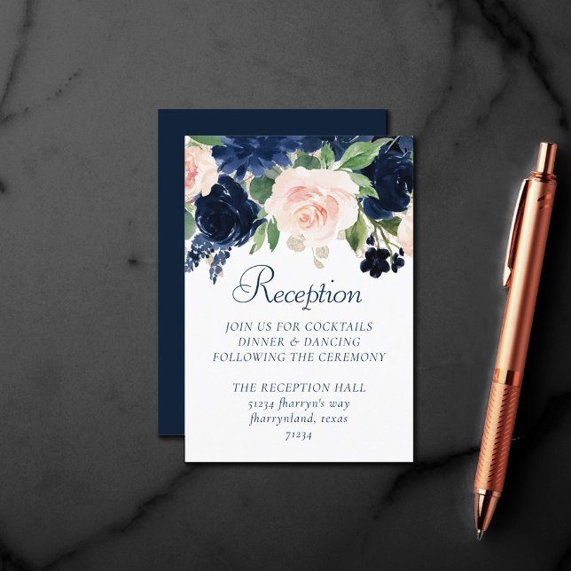 Chic Blooms | Navy Blue and Blush Pink Reception Enclosure Card (Creator Uploaded)