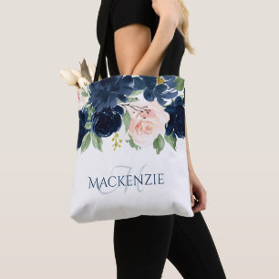 Chic Blooms   Navy Blue and Blush Pink Rose Custom Tote Bag