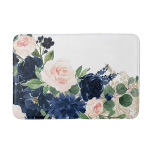 Chic Blooms Navy Blue and Blush Rose Shimmer Bath Mat