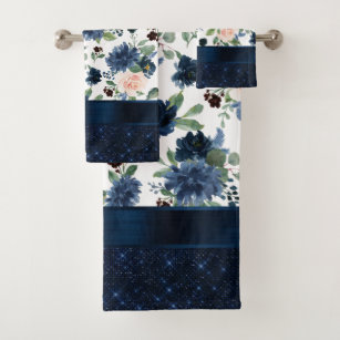 Chic Blooms   Navy Blue and Blush Rose Shimmer Bath Towel Set