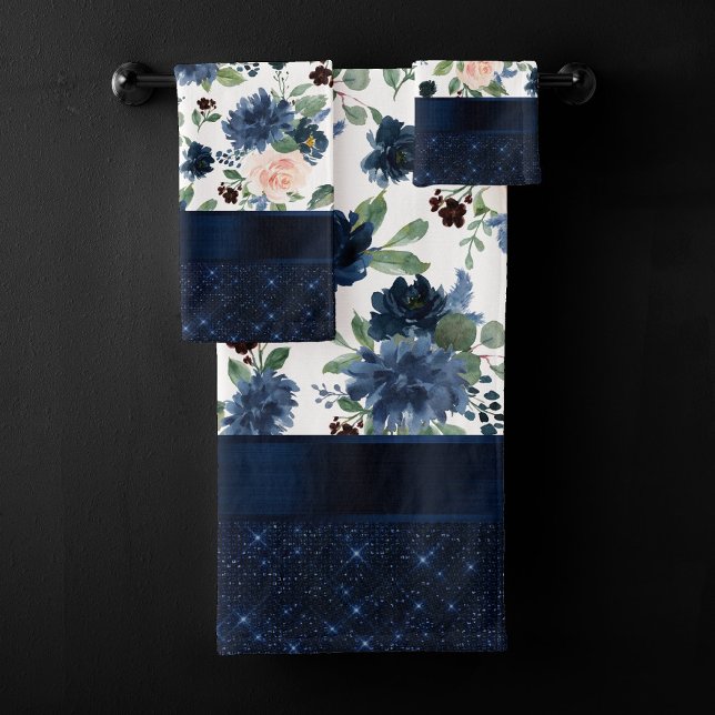 Chic Blooms | Navy Blue and Blush Rose Shimmer Bath Towel Set (Creator Uploaded)